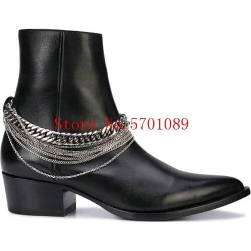Men Shoes Western Chain Boots Brown Black Genuine Leather Suede Western Chain Boots Pointed Toe Side Zip Silver-tone Stud Stival