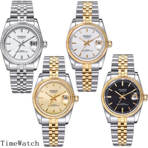 Parnis 36mm Luxury 5ATM Gold/Black/Silver Dial Mens Automatic Watch Unisex Sapphire Glass Date Magnifier Jubilee Bracelet