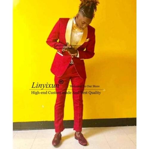 Newest Groomsmen Red Pattern Groom Tuxedos Shawl Gold Lapel Men Suits 2 Pieces Wedding Bridegroom ( Jacket+Pants+Tie )