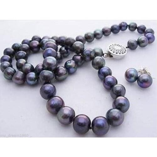 NEW 7-8mm Black Freshwater Cultured Pearl Necklace 18''& Earring Set PNS163