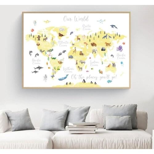 Educational Animal World Map Picture Children Poster Nursery Wall Art Canvas Painting Baby Kid Bedroom Playroom Home Decor