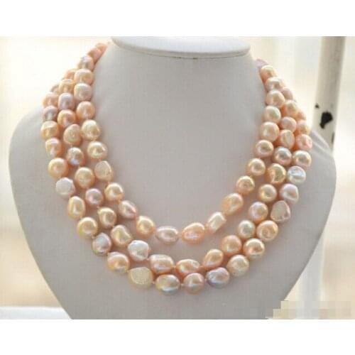 Hot salelustre 3strands 9-11mm PINK LAVENDER BAROQUE freshwater cultured pearl necklace