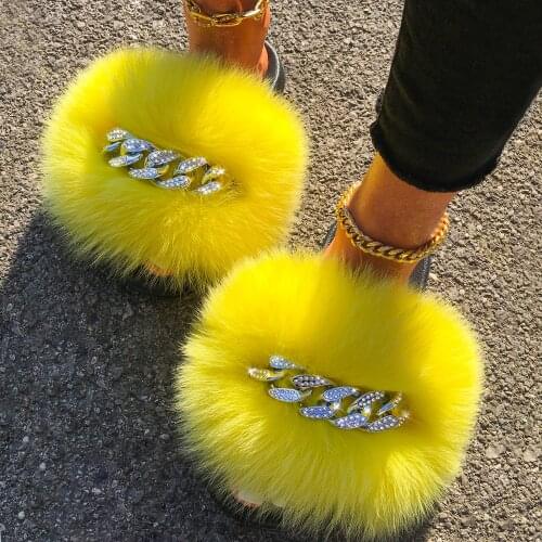 Real Fox Fur Slippers For Women Multicolor Chain Luxury Fur Slides Flip Flops Beach Plush Fluffy Furry Designer Slippers Sandal