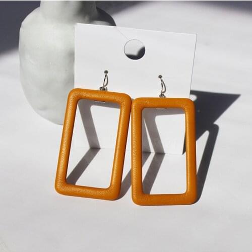 SRCOI Spring Summer New Orange Leather Dangle Earring Temperament Geometric Square Hollow Earring Women Fashion Jewelry 202103