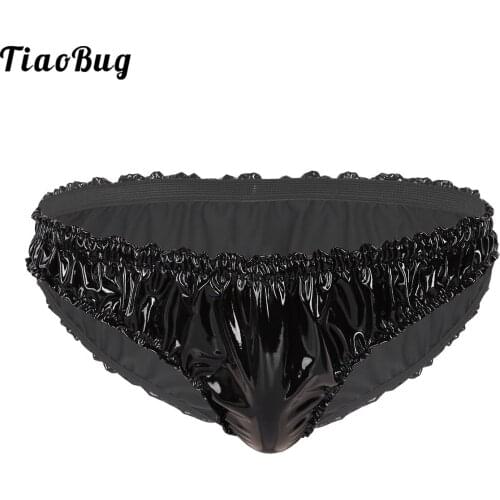 TiaoBug Mens Gay Sissy Briefs Wet Look Patent Leather Lingerie Frilly Ruffled Low Rise High Cut Underwear Panties