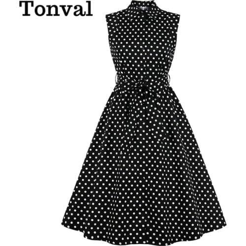 Tonval Turn Down Collar Single-Breasted Polka Dot Summer Cotton Shirt Dress Women 50s Rockabilly Vintage Sleeveless Midi Dresses