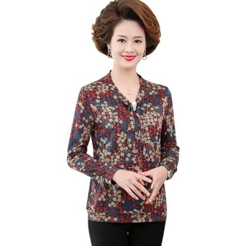 Spring New Pullover Floral Bottom Tee Shirts Femme 5XL Plus Size Mother Clothing Bow V-Neck Long Sleeve T-Shirts Women Tops