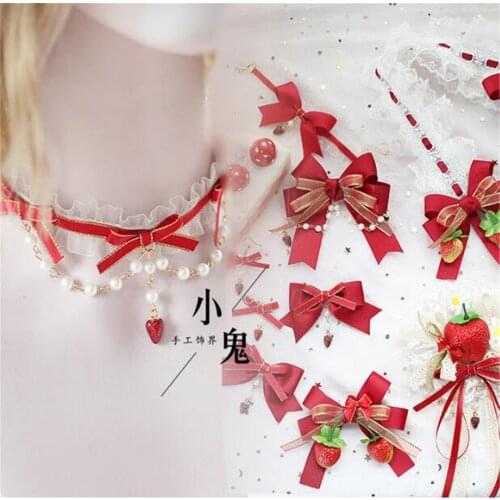 Japanese Lolita Bow Lace Hair Clasp Hairpin Sweet Women Strawberry Bow Headwear Head band Hair Accessories B450