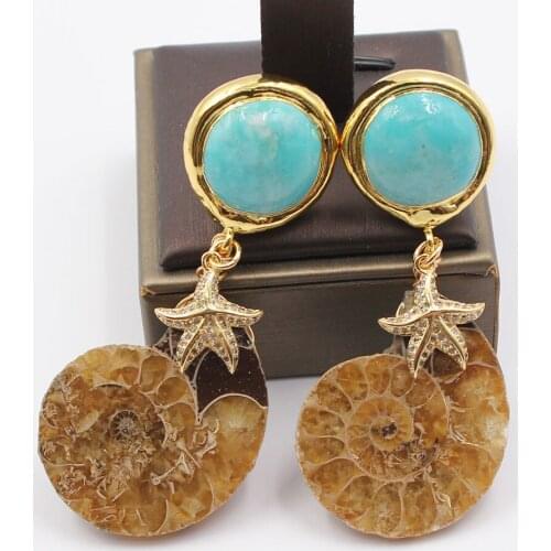 GuaiGuai Jewelry Natural Conch fossil CZ Pave Starfish Gold Color Plated Blue Round Turquoises Stud Earrings Handmade For Women