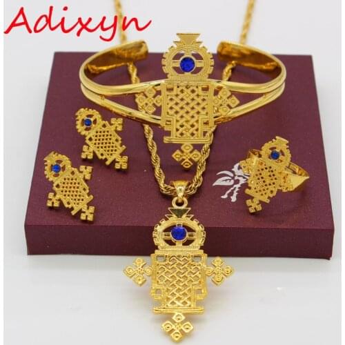 Adixyn Ethiopian Cross Jewelry Set Gold Color Crystal Necklace/Earrings/Bangle/Ring/Pendant African Bride Wedding/Party Gift