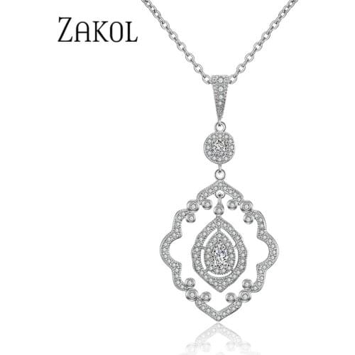 ZAKOL Vintage Plant Zirconia Long Pendant Necklace for Women Girl Fashion Wedding Party Gifts Jewelry FSNP2080