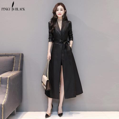 PinkyIsBlack X-Long Leather Jacket Women Fashion Female Plus Size 4XL Turn Down Collar Single Button Belt Leather Coat Outerwear