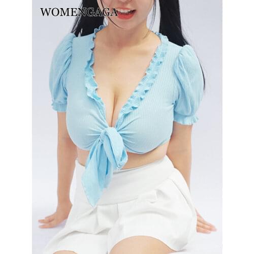 WOMENGAGA Summer Ruffle Bow Short V-neck Top Short Puff Sleeve T-shirt Female Blue Bandage Tees Hot Sexy Korean Women W8BV