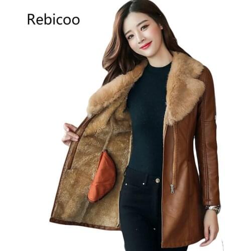 Medium Syle Fur collar Leather Coat thick New Winter Warm Jacket Women PU Leather Coat Female Overcoat Plus Size