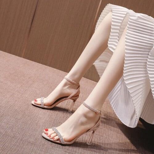 2021 Summer Women Sandals Rhinestone Word Belt High Heels Sexy Elegant Party Ladies Pumps Buckle Strap 7CM Heel Stiletto Shoes