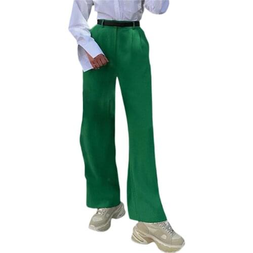 Women Autumn Straight Pants Solid Color High-Waist Suit Trousers With Pockets For Girls Green