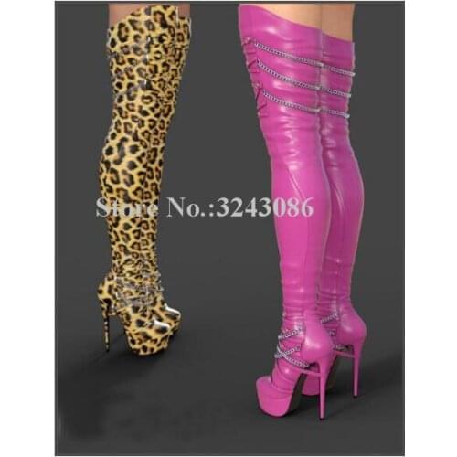 New Chains Decor Platform Thigh High Boots Women Fashion Leopard Stiletto Heel Over the Knee Boots Lady Large Size Long Boots
