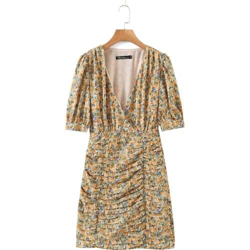 JC·KILIG 2021 French Retro oil Painting Texture Print V-Neck Slim Dress With Bubble Sleeves Floral Skirt D9074