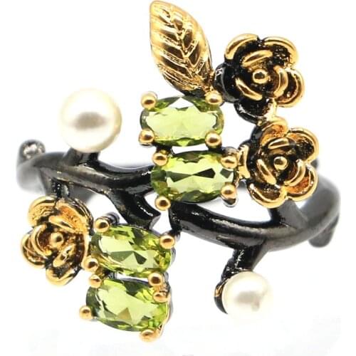 20x17mm Highly Recommend Bohemia Design Vintage Silver Ring for Women Created Green Peridot White Pearl Drop Shipping Wear Daily