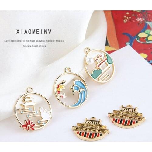 10pcs Chinese Style Alloy Drip Oil Rabbit Palace Koi Round Cartoon Pendant Drop Earrings For Women Diy Ear Jewelry Accessories
