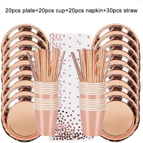 90pcs/Set Rose Gold Birthday Wedding Party Decoration Disposable Tableware Plate Cup Paper Towel Party Supplies Girl Baby Shower
