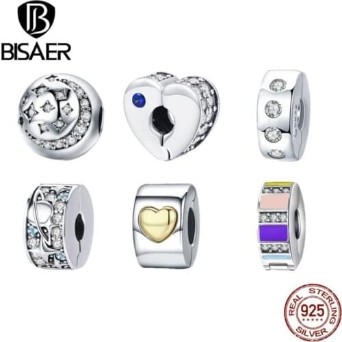 BISAER 925 Sterling Silver Clip Heart Snowflake Tree Leaves Cherry Flower Beads Stopper Fit Charm Bracelet Silver 925 Jewelry