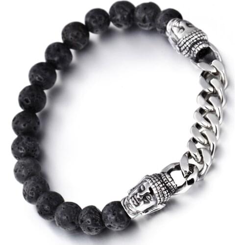 High Quality Womens Mens 8mm Lava Stone Beaded Stainless Steel Buddha Head Bangle Bracelet Silver Color Link Curb Chain XmasGift