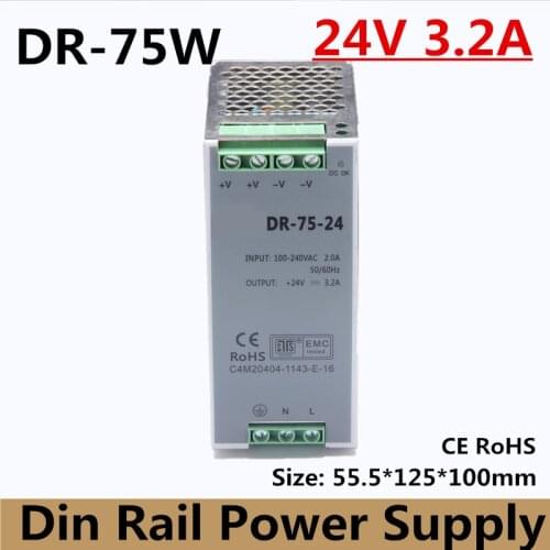 DR-75-24) Free Shipping CE RoHS Certificated 75w 24v 3.2A Din Rail mounted Switching Power Supply For Industry