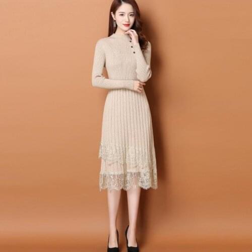 Lace sweater dress female autumn and winter new style long-sleeved round neck western-style casual ladies dress