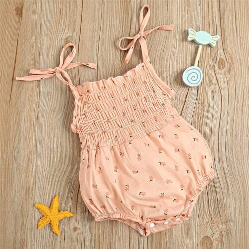 Summer Newborn Baby Girls Tie-Up Strap Rompers Sweet Cute Sleeveless Elastic Floral Print Infant Bodysuits 2021