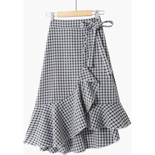 Lace Up High Waist Plaid Sumemr Skirts Womens Thin Ruffle Irregular Mid Skirt Women For Spring Autumn Knee-length Womens Skirts
