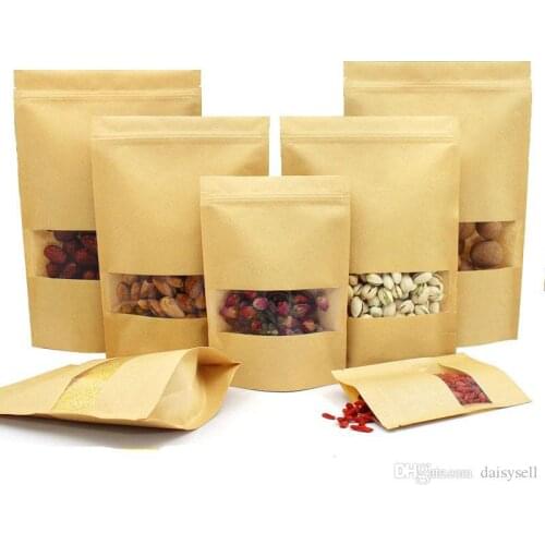 Food Moisture Barrier Bags with clear Window Brown Kraft Paper Doypack Pouch Ziplock Packaging Sealing Pouch