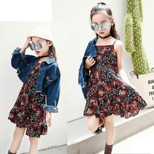 Girls Fashion Denim Coat Top+Dress 2 PCS For Girls Children Casual Flower Outfit Clothing New Kids Sleeveless Beach Dress