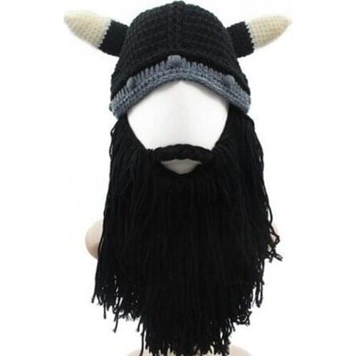 Mens Barbarian Vagabond Viking Beard Beanie Horn Hats Handmade Winter Warm Birthday Cool Gifts Funny Gag Halloween Cap