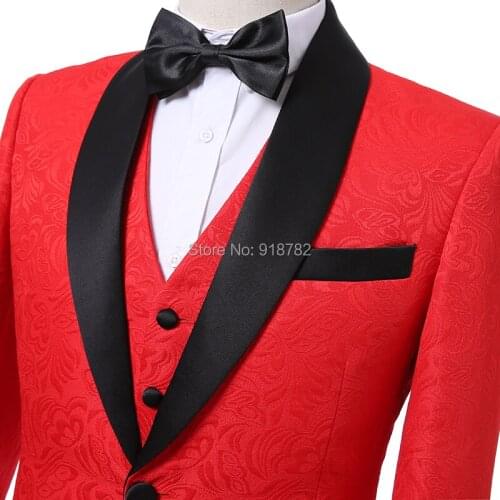 Wedding Suits For Men 2018 New Design Groom Suit Slim Fit Real Photos Red Embroidery Jacquard Prom Party Men Suit Tuxedo