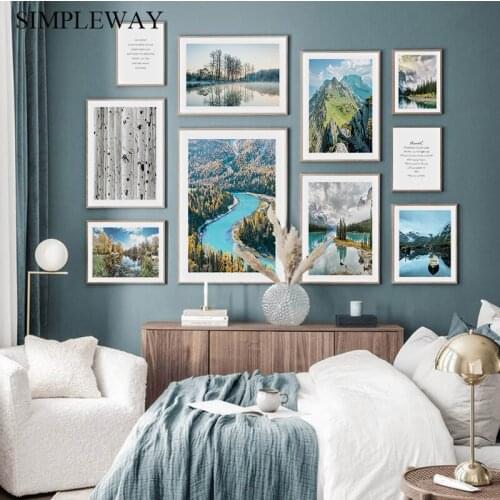 Mountain Lake Reflection Nature Landscape Painting Nordic Art Poster Scandinavian Style Print Wall Picture Modern Home Decor