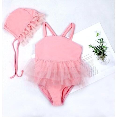 2021 Newest Cute Kids Girls Mesh Ruffle Swimsuit with Cap Fashion One-Piece Sleeveless Swimwear Infant Baby Bathing Suit Bikini