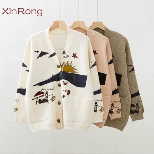 2021 new spring cardigan sweater women loose cute sunrise hilltop print all-match long-sleeved knitted jacket sweater oversized