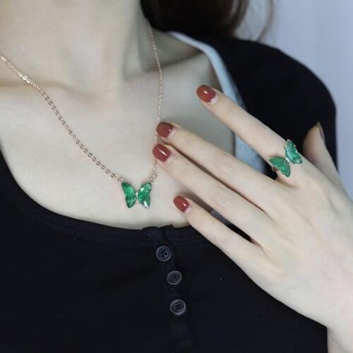 2021 New Butterfly Pendant Necklace Set Purple Trendy Sweet Crystal Adjustable Ring for Women Party Jewelry Paired