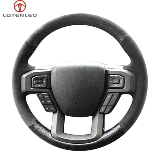 LQTENLEO Black Genuine Leather Suede Hand-stitched Car Steering Wheel Cover For Ford F150 F-150 2015 2016 2017 2018 2019 2020