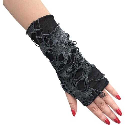 1Pairs Shabby-Style Arm Cuff Gothic Punk Halloween Gloves Black Ripped Holes Fingerless Gloves Unisex Party Dress Up Accessories