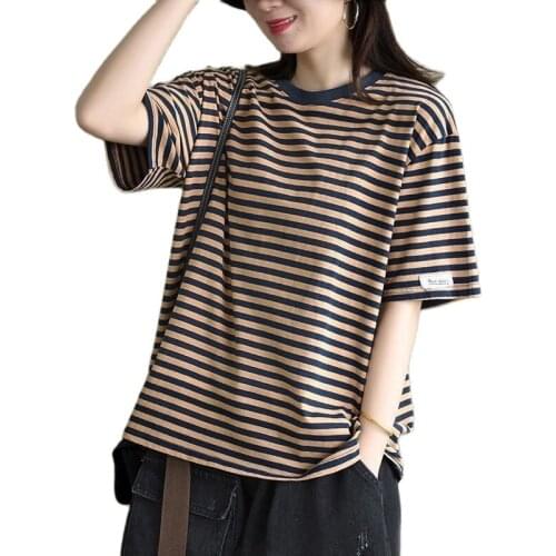 Large Size Dress Striped Short-Sleeved T-shirt Womens Shirt 2021 Summer New Loose Slimming All-match Casual Bottoming Shirt