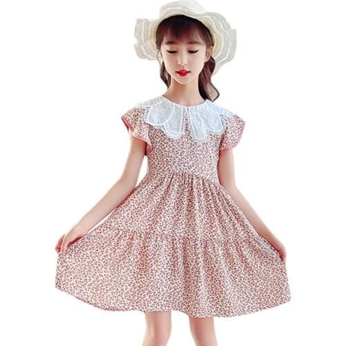 Dress For Girls Floral Pattern Girl Child Dress Lace Neck Children Dresses Summer Girls Costumes Kids 6 8 10 12 14