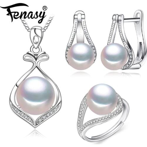 FENASY 925 Sterling Silver Pendant Necklace Natural Pearl Jewelry Sets For Women Classic Stud Earrings Fashion Party Rings