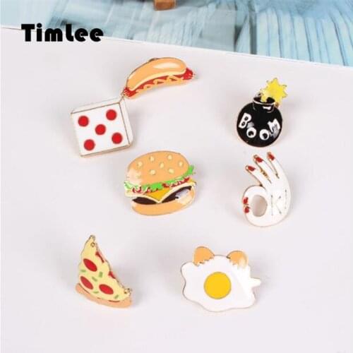 Timlee X013 Free shipping Cute Metal Pizza Hamburgers Hot Dogs Poached Eggs Dice Bombs Brooch Pins,Fashion Jewelry Wholesale