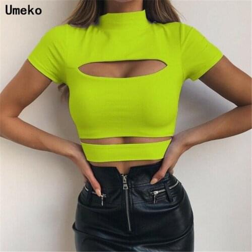 Umeko Chic Summer Sexy Solid Black Turtleneck Short Sleeve T-Shirt Tees Tops Women Strip Hollow Out Short Casual Tees Crop Tops
