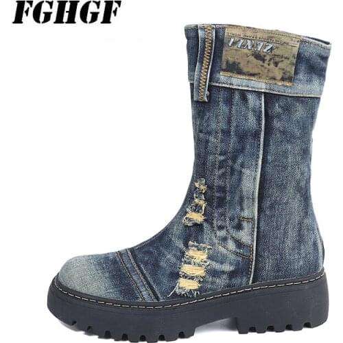 Tide models versatile new canvas womens shoes in autumn and winter in the tube Martin boots denim do old thick with non-slip th