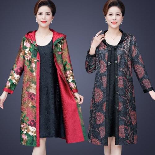 Spring women Bomber Jacket National Style Silk Coat Hooded printing Two Side Wear Elegant Outwear Plus Size Windbreaker Lady Top