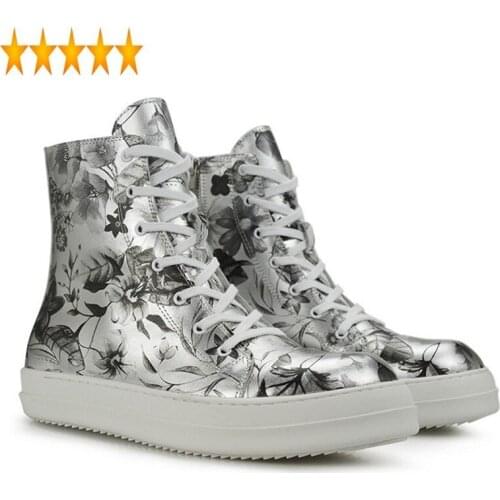 Flats Genuine Top Leather High Shoes Men Platform Ankle Boots Hip Hop Streetwear Designer Printed Zip Sneakers Botas Masculina