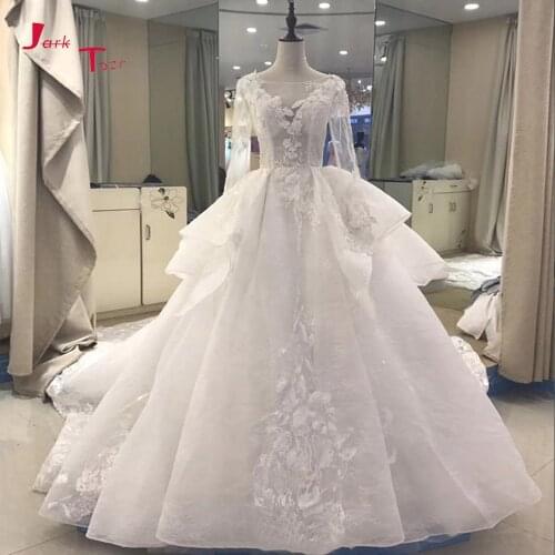 Jark Tozr Full Sleeve Shiny Beading Sequins Appliques Lace Sexy Illusion Ball Gown Wedding Dress Chapel Train Mariage